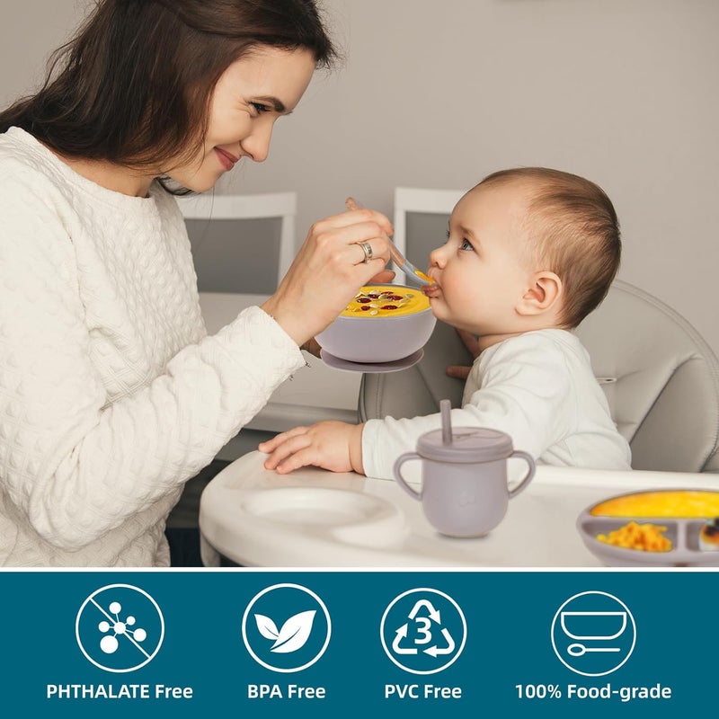 Dormlony 100% Silicone Baby Feeding Set, BPA Free, 9 Pcs: Suction Bowl, Divided Plate, Toddler Self Feeding Dish Set with Spoons, Forks, Sippy Cup, Bib, Beige - Image 5